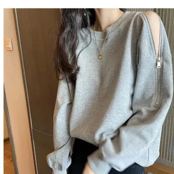 2023, есен/зима, нов дамски пуловер, обикновен, свободен, спокоен, модерен, с открити рамене, секси универсален топ с дълъг ръкав