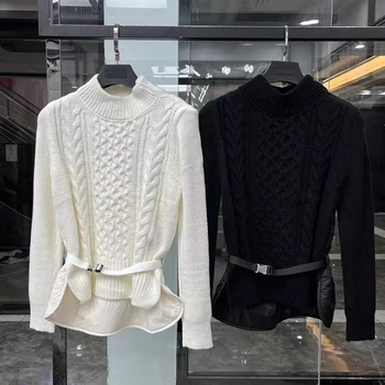 2023 Есента нов пуловер от кашемирового трикотаж, однотонная риза с пайети, дамски пуловер с кръгло деколте, стил колан