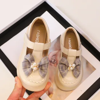2023 Мода пролет-лято нови детски кожени обувки с решетъчен лък, със ситни перли, обувки за бебета, дантелен бебешки обувки Мери Джейн