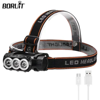BORUiT, налобный фенер със силна светлина, 3 * led светлина 18650, USB, акумулаторна батерия, външен водоустойчив главоболие, фенерче, паник лампа за къмпинг