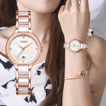 DOM Модни дамски ръчни часовници с диаманти, керамичен каишка за часовник, топ, луксозно брендовое рокля, дамски женевские кварцов часовник G-1271G-7М