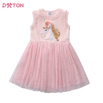 DXTON/ детска лятна рокля, детски рокли с аппликацией под формата на еднорог, блестящи рокли с пайети за момичета, детски празник на принцеса рокля от тюл и мрежа