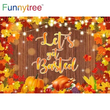 Funnytree Autumn Нека да търси фон за парти в чест на Деня на благодарността, есенни листа, дървени пуйка, тиква, на фона на фотосесия