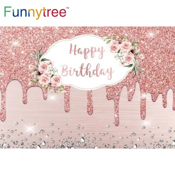 Funnytree честит рожден ден, блестящ розов фон за момичета, диамантени точки, цветя, фонове, за фотосесия в чест на рождения ден на детето, на годишнината
