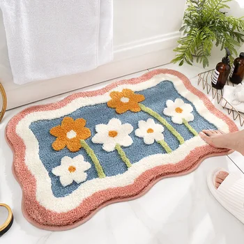 Inyahome Farmhouse Bathmat Floor Runner Rug Floral Shape Bath Mats Non-Slip Modern Carpet Washable Floor Mats подложка за баня