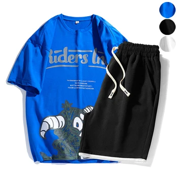 Sevenmoon мъжки летни комплекти с къс ръкав и спортен карикатура 2 предмета от материал лед спортни комплекти тениска + шорти