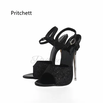 Дамски сандали на много висок ток с метален ток, черни летни обувки на висок ток с каишка и катарама, с отворени пръсти, обувки за подиум и нощен клуб