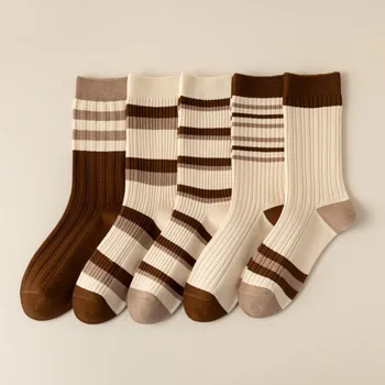 Есенно-зимни чорапи-тръба в японски стил, дамски чорапи кафе цвят с вертикални ивици, чорапи с дрямка кафе цвят, прости кафяви чорапи универсален