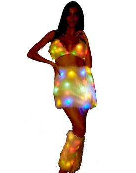 Жена светъл бикини с led задно осветен от изкуствена кожа, комплект от 3 теми, сутиен, шапка, чанта за краката, рокля, костюм за изяви, управляван секси костюмиран