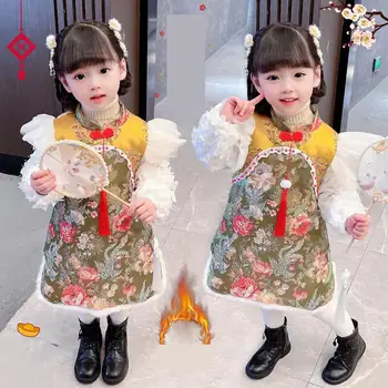 Зимата коледна рокля за момичета, детски костюм Рокля от памук с бродерия, детска китайски костюм Qipao с памучна подплата