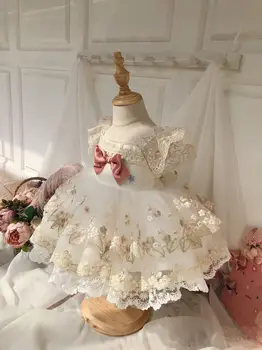 Испанското винтажное принцеса рокля в стил Лолита свързани с лък, сшитое с къс ръкав за рожден ден, кръщене, Великден, празнични рокли за момичета