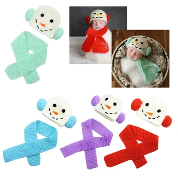 Комплект за снимане на новороденото снежен човек, скъпа шапка и шал, комплект за новородено, вязаная шапка с шал, подходящ за запомнящи се снимки A2UB