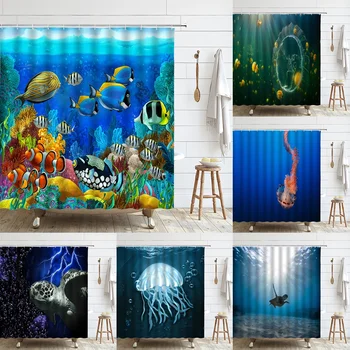 Коралов риф, аквариум рибки, завеса за душ, тропически океан, морски костенурки, Медуза, подводен плат, пердета за баня, обзавеждане за баня, екран