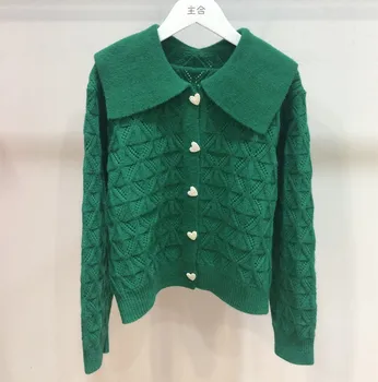 Корейски есенно-зимния моден зелен вязаный жилетка 2023, новост, мил женски ревера, перлена обтегач, без пуловер, палто