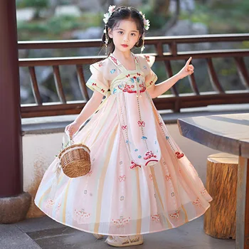 Костюм от епохата на Древния Тан, детски празничен костюм за изяви на сцената, китайската традиционна розова бродерия на цвете Hanfu