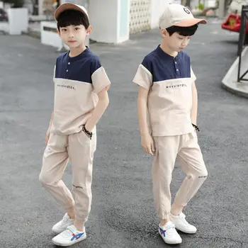 Летни комплекти детски дрехи в корейски стил за юноши, тениска с къс ръкав за момчета + панталони, комплект от 2 теми, детски дрехи, детски облекла