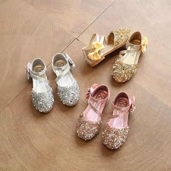 Летни сандали за момичета, модерен блясък, кристал, лък, детски танцови обувки принцеса, детски сандали на равна подметка, размер 21-36