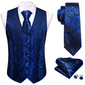 Луксозен жилетка за мъже, блестящ черен копринен елек с бродирани цветя, вратовръзка, шалче, комплект копчета за ръкавели, бизнес бизнес костюм Бари Уонг
