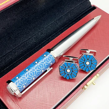 Луксозна метална химикалка писалка и ръкавели Santos-Dumont De Blue с шарките на снежната цвете във формата на бъчва и сериен номер