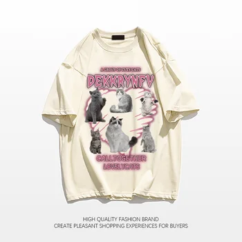 Лятна нова тениска с принтом кавайного котка, женска свободна скъпа памучен риза унисекс с къс ръкав и надпис, ретро американски уличен топ