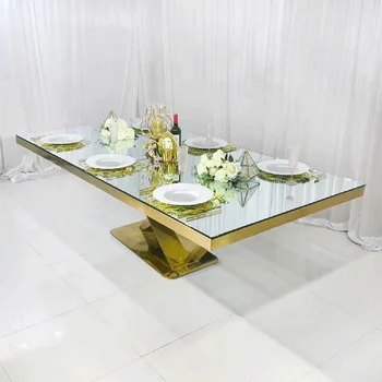 модерен дизайн, огледален стъклен покрив, рамка от неръждаема стомана, сватбена маса за партита, златна маса за хранене в хотела