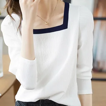Модерен контрастен цвят, квадратен яка, просто ефектен топ, дамски пролетно-есенна ежедневни бяло сладко базова тениска с дълъг ръкав, дрехи