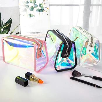 Модни трапециевидная косметичка от TPU, женствена чанта за измиване, цветни лазерни косметичка за грим, прозрачна косметичка от PVC за момичета