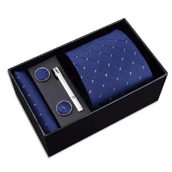 мъжки комплект за вратовръзка с квадратна джоб 8 см, скоба, за да копчета на ръкавите, носна кърпа, на шийката на носна кърпичка и родословни обици в опаковка на подаръка