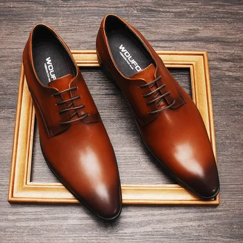 Мъжки модел обувки от естествена кожа, модни луксозни обувки-oxfords от естествена кожа, мъжки, черно-кафяви вечерни сватбени обувки с остър пръсти дантела, мъжки обувки