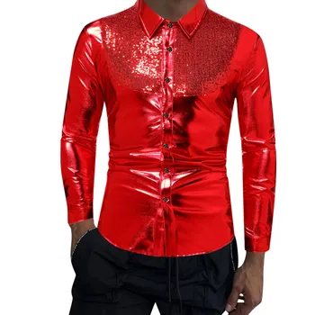 Мъжки новата есенна мода, контрастен цвят, градинска однотонная риза с пайети, градинска облекло за партита