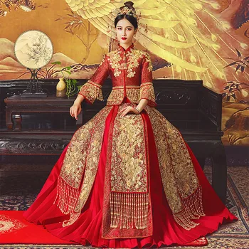 Нов дизайн, класически дрехи за сватбената двойка с бродерия, рокля Чонсам, вкусно банкет стилна елегантна рокля на булката китайски дрехи