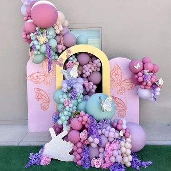 Нов прием на набор от гирлянди от балони с пеперуди, Тестени изделия, лилаво-розови балони, арка, комплект за рожден ден, сватбени партита