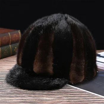 Нова мъжка зимна шапка от луксозна кожа от естествена кожа на норка, топлинна капачка от висококачествена естествена кожа, голяма еластична, мека удебелена топлинна кожа шапка