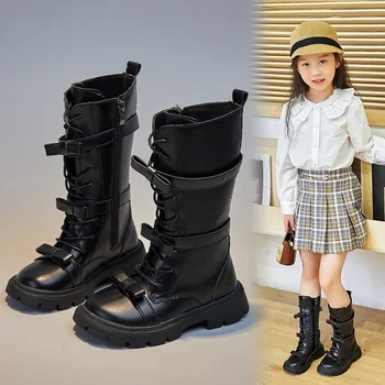Обувки принцеси за момичета, детски зимни черна кожена обувки 2023, нови детски бели високи ботуши 88222, обувки за момиченца