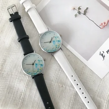 Пейзаж живопис Ретро дамски модни часовници в китайски стил, пресни прости дамски ръчни часовници, ежедневни дамски кожени кварцов часовник