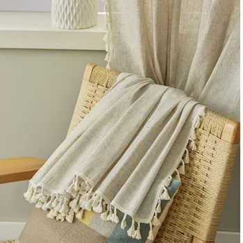 Пердета от памук и лен с пискюли, прости обикновена полупрозрачни завеси в ретро стил, завеси за хол, спалня, натурални прозорци декори