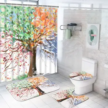 Пъстър набор от завеса за душ с розови дърво, нескользящий подложка, капак на тоалетната чиния, подложка за баня, акварелни цъфтящи клони на дървото, завеса за душ