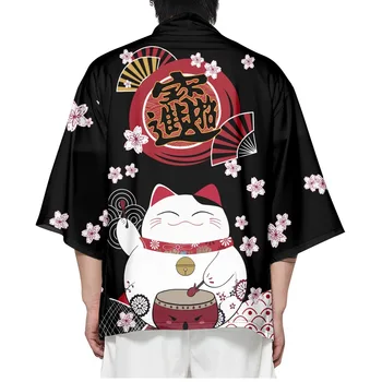 Ризи за cosplay Хаори с принтом сакуры в стил харадзюку, модерни плажни юката, японски жилетка Лъки Котка, кимона за жени и мъже
