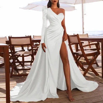 Рокля за сватбени партита с намаляване на едното рамо, елегантно модно дълга рокля, дебнещ вечерна рокля за младоженци, Vestidos
