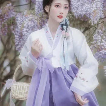 Рокля Ханбок, женски корейски костюми с лилава бродерия, женски корейски дворец, фотография, пътуване, танц костюми Ханбок