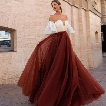 Съвременни класически кафяви рокли за бала 2021 година от тюл цялата дължина без презрамки с подвижни ръкави сватбени рокли за гости с корсет отзад