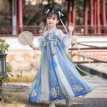 Традиционно китайското рокля син цвят Hanfu за малки момичета, народен костюм от епохата на Тан, дрехи за изпълнения на феи, източно рокля за cosplay, с танц