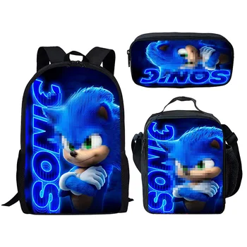 Училищна чанта от три части 3D New Sonic Раница за начално и средно училище, чанта за обяд, молив случай, раница с цип