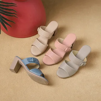 Хит на продажбите, луксозни сандали на дебел ток за жени, дамски чехли на най-новия дизайн