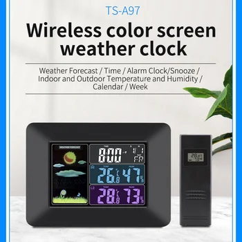 Цифров метеорологичната станция, часовници, екран, безжичен сензор за температурата в стаята и навън, влагомер, термометър, барометър