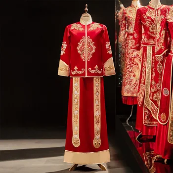 Червен чонсам, костюми за наздравици, е роклята на булката, дълга рокля в традиционен китайски стил, мъжки сватбен костюм Ципао с бродерия в стил Тан