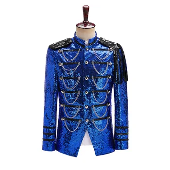 Черно палто с пайети, сако в стил steampunk, яка-часова рецепция, дизайн ресни, блейзър за нощен клуб, костюмированная парти, абитуриентски бал, рок-облекло, синя сценична облекло