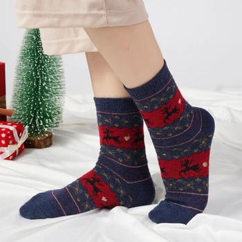 5 чифта зимни коледни чорапи от смесовой козината на заек, зимни флисовые дебели чорапи със средна дължина, в тон коледа носкам от лосове