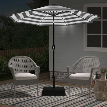9-инчов осмоъгълни чадър за двор в черно-бяла лента с осветление и led подсветка