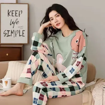 Пижами, изработени от чист памук, 1 5XL дамски пролетни и есенни модели, домашно обслужване с дълъг ръкав, женски прост свободен всекидневен костюм голям размер
